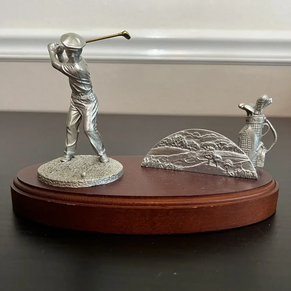 Vintage Golfer Business Card Holder Pewter Wood Office Golf Library W T Wilson